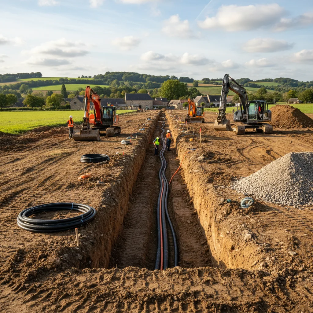 Utility trench work and underground network installation in Mauprevoir